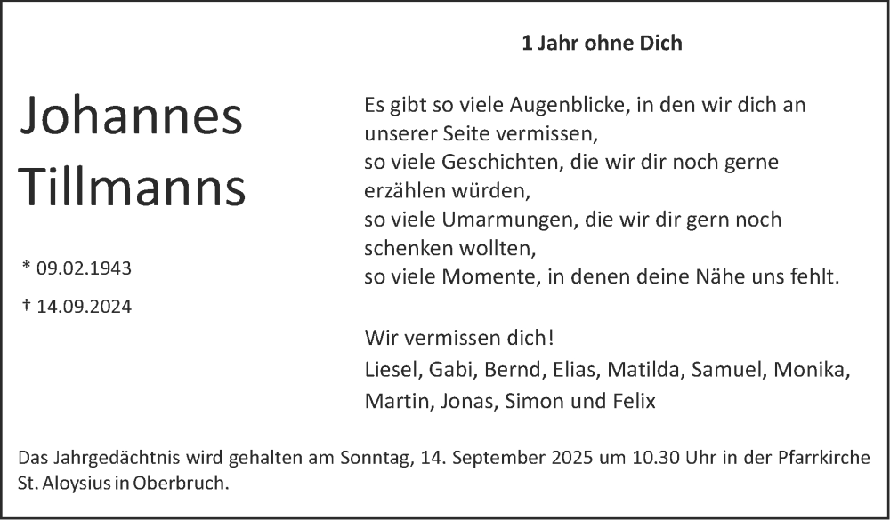  Traueranzeige für Johannes Tillmanns vom 07.09.2025 aus Zeitung am Sonntag