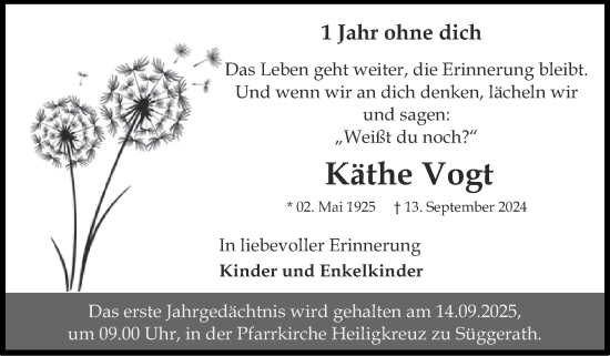 Traueranzeige von Käthe Vogt von Zeitung am Sonntag