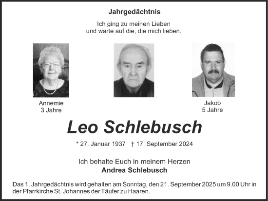 Traueranzeige von Leo Schlebusch von Zeitung am Sonntag