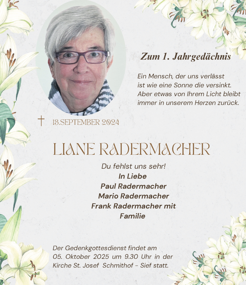  Traueranzeige für Liane Radermacher vom 27.09.2025 aus Aachener Zeitung