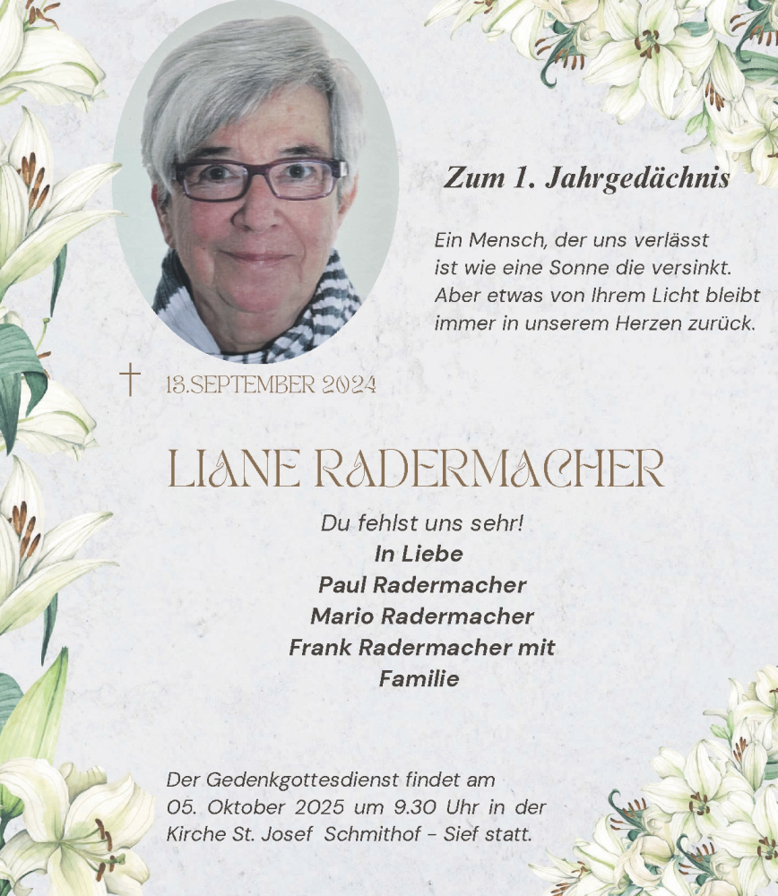  Traueranzeige für Liane Radermacher vom 28.09.2025 aus Zeitung am Sonntag