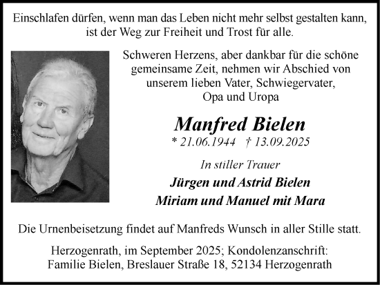 Traueranzeige von Manfred Bielen von Zeitung am Sonntag