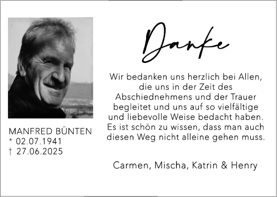 Traueranzeige von Manfred Bünten von Zeitung am Sonntag