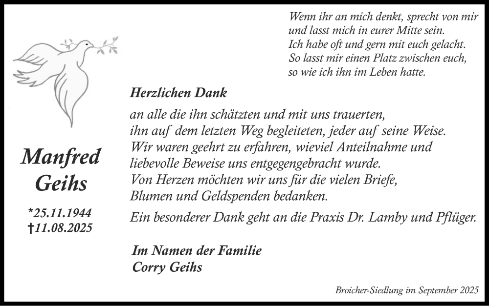  Traueranzeige für Manfred Geihs vom 07.09.2025 aus Zeitung am Sonntag