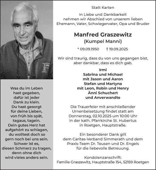 Traueranzeige von Manfred Graszewitz von Zeitung am Sonntag