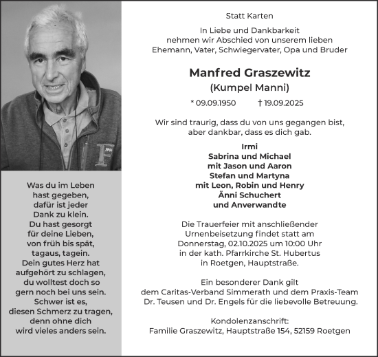 Traueranzeige von Manfred Graszewitz von Aachener Zeitung