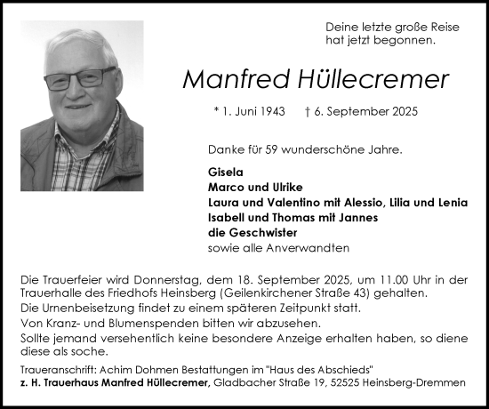 Traueranzeige von Manfred Hüllecremer von Zeitung am Sonntag