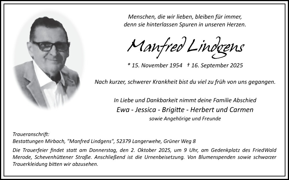  Traueranzeige für Manfred Lindgens vom 21.09.2025 aus Zeitung am Sonntag