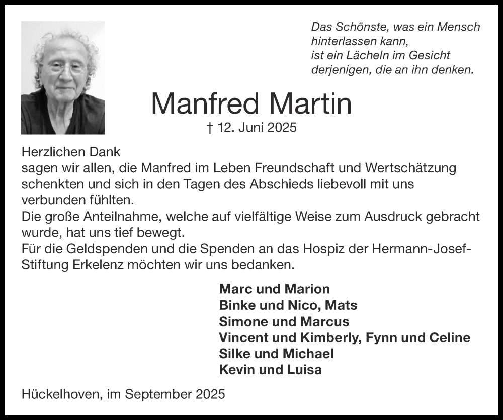  Traueranzeige für Manfred Martin vom 14.09.2025 aus Zeitung am Sonntag