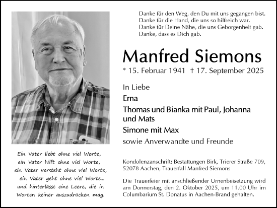Traueranzeige von Manfred Siemons von Zeitung am Sonntag