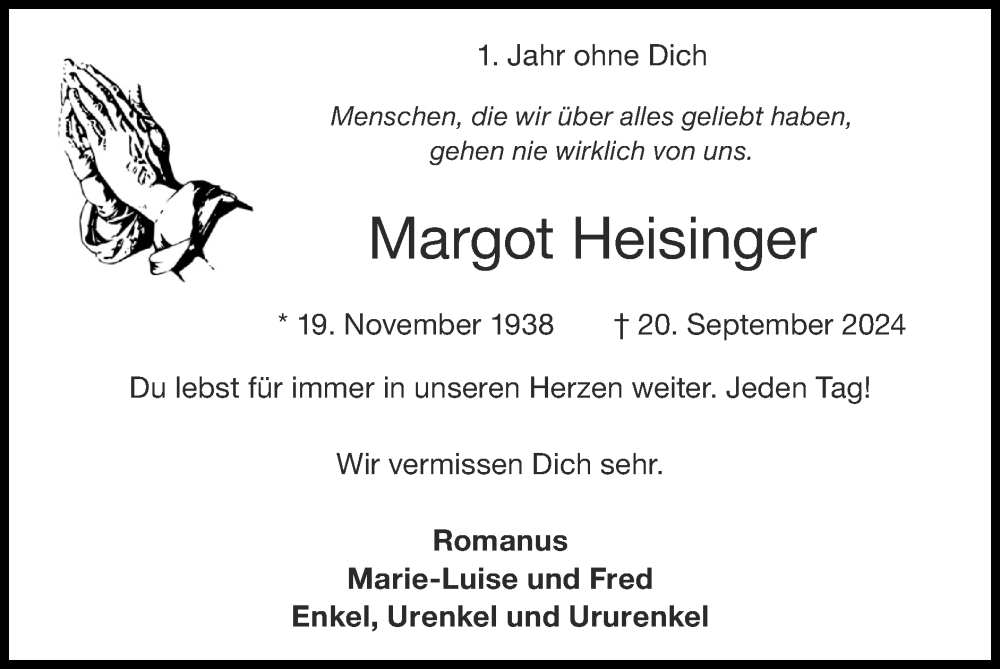  Traueranzeige für Margot Heisinger vom 21.09.2025 aus Zeitung am Sonntag