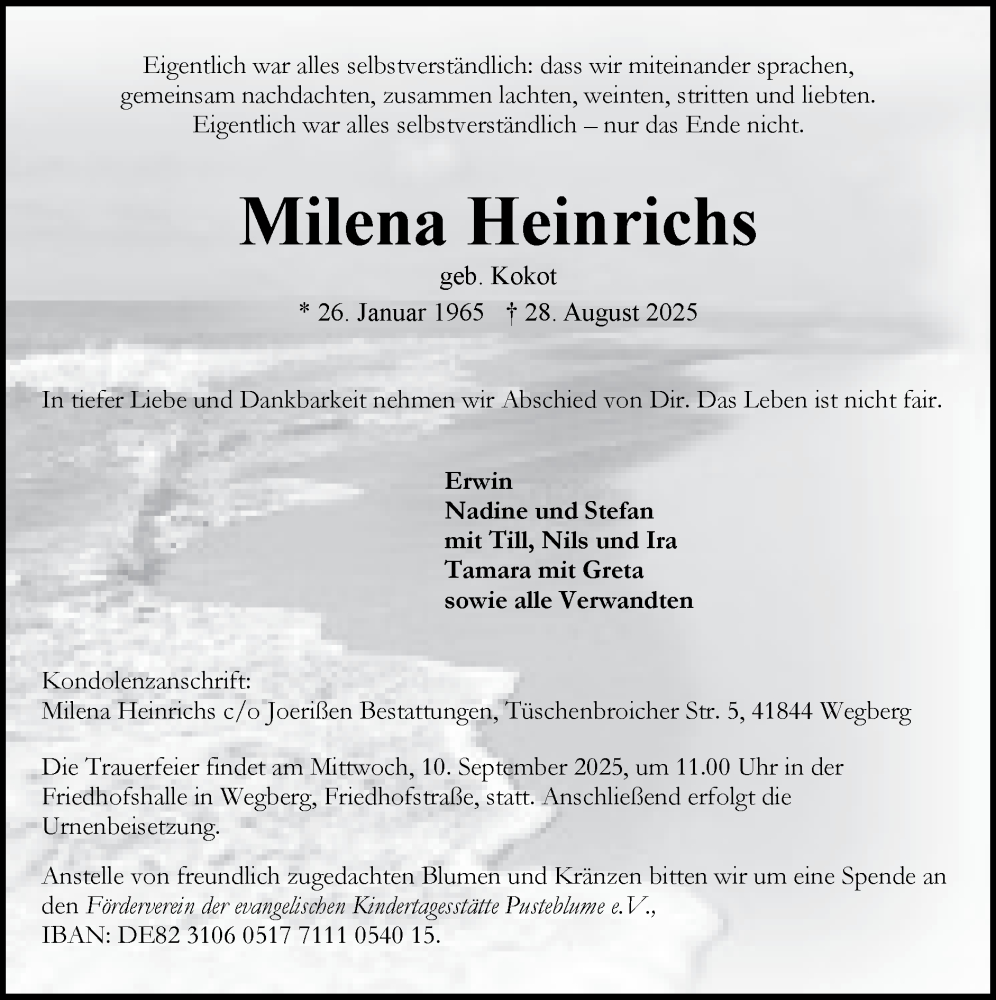  Traueranzeige für Milena Heinrichs vom 07.09.2025 aus Zeitung am Sonntag