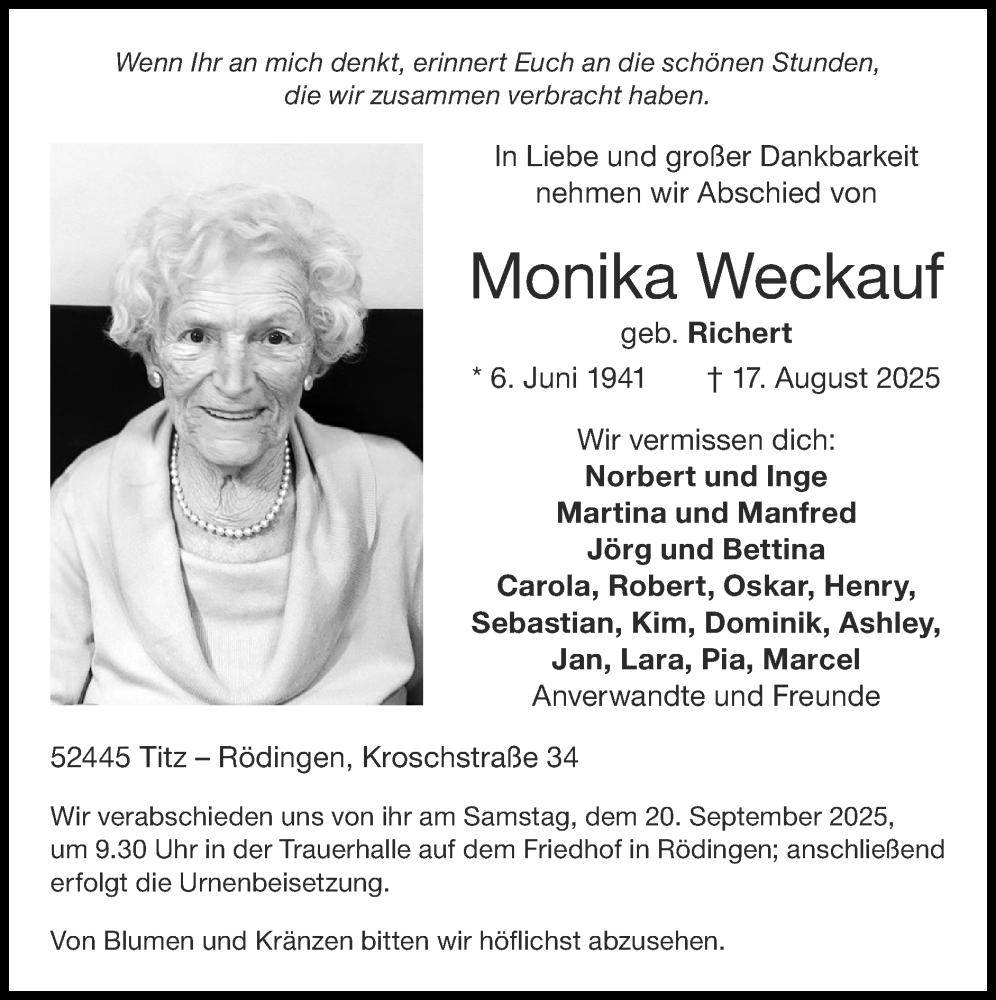 Traueranzeige für Monika Weckauf vom 07.09.2025 aus Zeitung am Sonntag