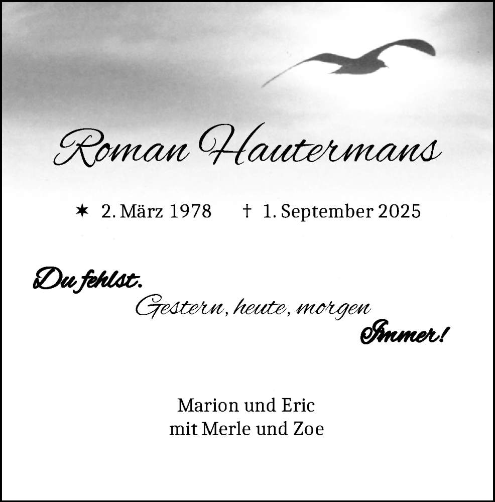  Traueranzeige für Roman Hautermans vom 28.09.2025 aus Zeitung am Sonntag