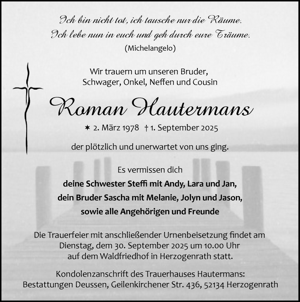  Traueranzeige für Roman Hautermans vom 28.09.2025 aus Zeitung am Sonntag