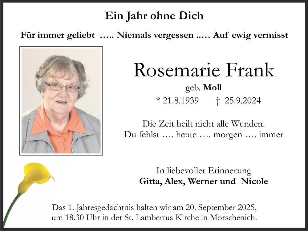  Traueranzeige für Rosemarie Frank vom 14.09.2025 aus Zeitung am Sonntag