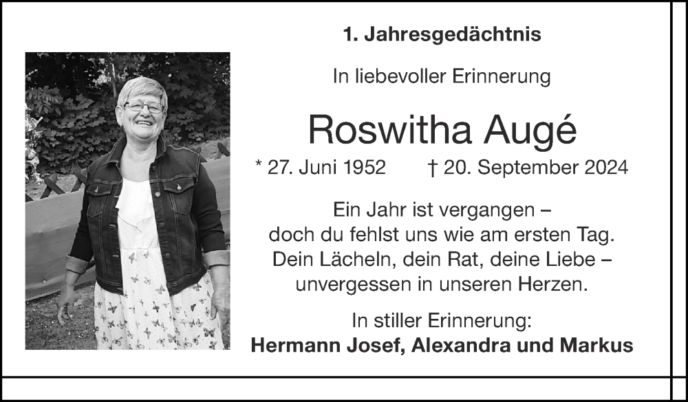  Traueranzeige für Roswitha Auge vom 21.09.2025 aus Zeitung am Sonntag
