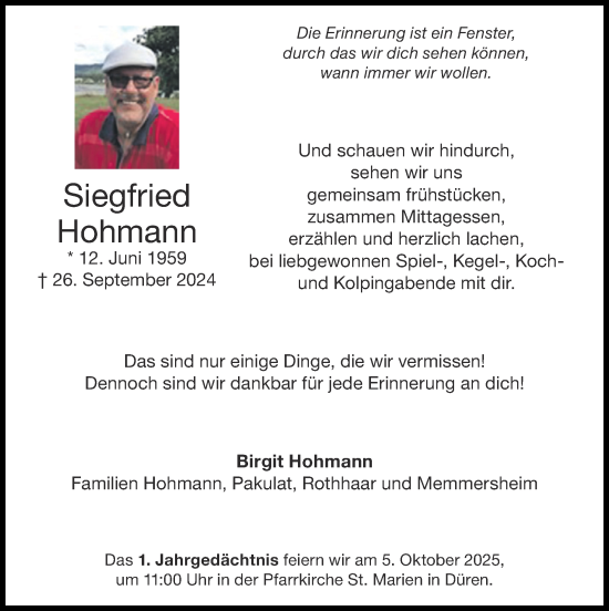 Traueranzeige von Siegfried Hohmann von Zeitung am Sonntag