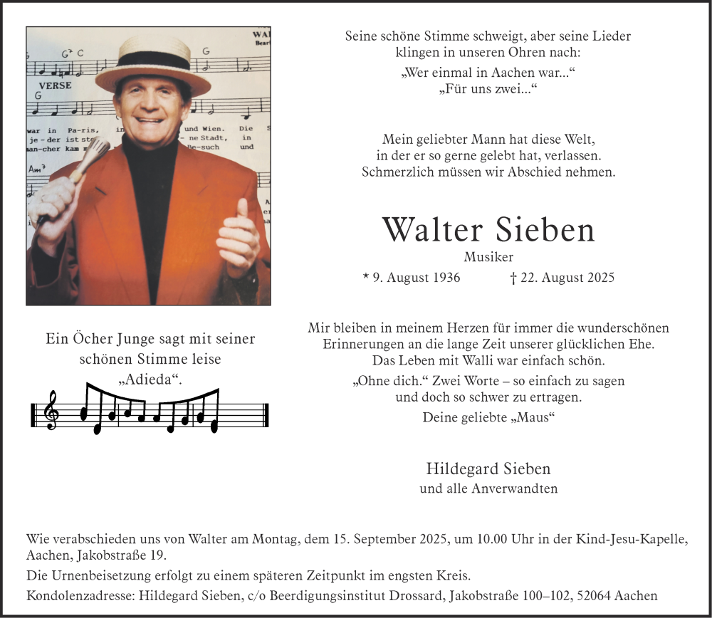  Traueranzeige für Walter Sieben vom 06.09.2025 aus Aachener Zeitung