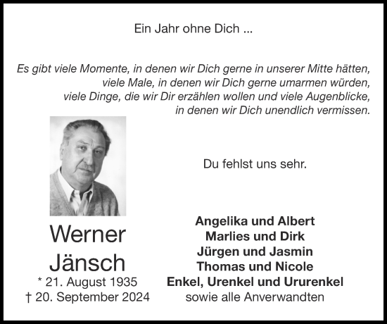 Traueranzeige von Werner Jänsch von Zeitung am Sonntag