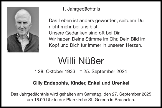 Traueranzeige von Willi Nüßer von Zeitung am Sonntag