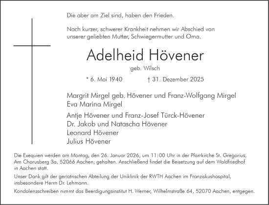 Traueranzeige von Adelheid Hövener von Aachener Zeitung