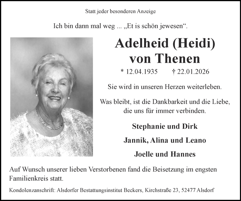  Traueranzeige für Adelheid von Thenen vom 01.02.2026 aus Zeitung am Sonntag
