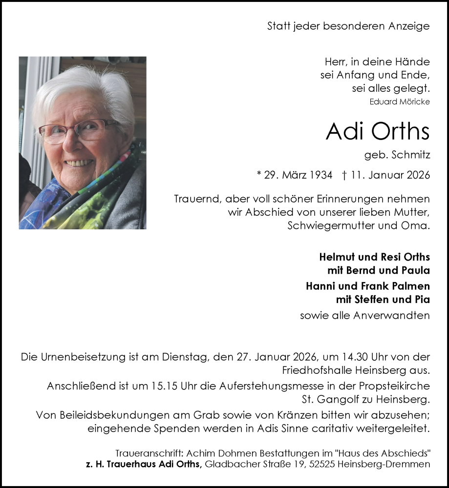  Traueranzeige für Adi Orths vom 18.01.2026 aus Zeitung am Sonntag