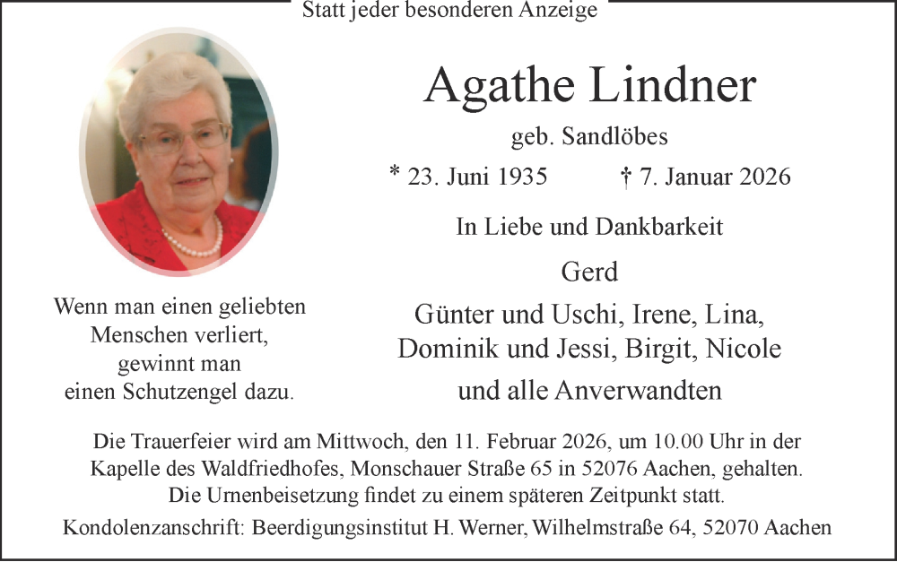  Traueranzeige für Agathe Lindner vom 01.02.2026 aus Zeitung am Sonntag