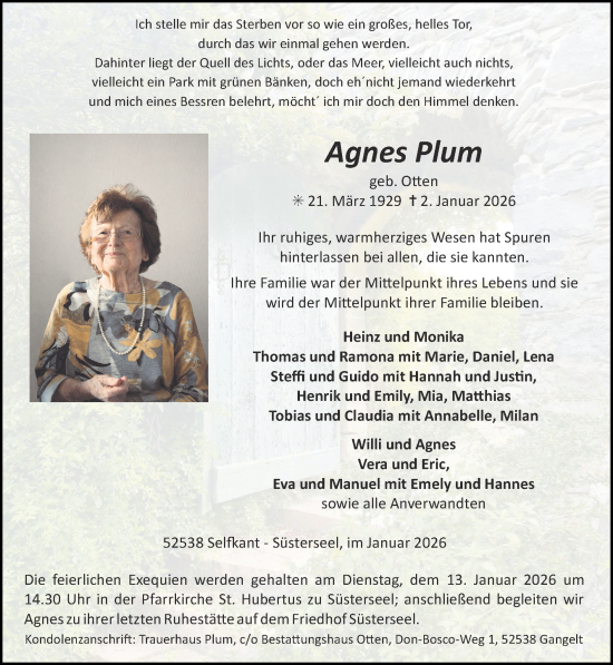 Traueranzeige von Agnes Plum von Zeitung am Sonntag