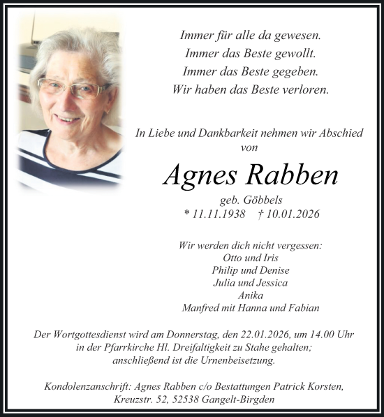 Traueranzeige von Agnes Rabben von Zeitung am Sonntag