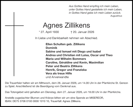 Traueranzeige von Agnes Zillikens von Zeitung am Sonntag