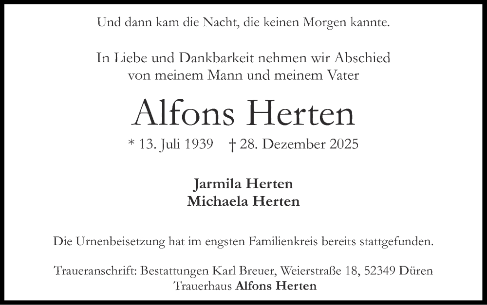  Traueranzeige für Alfons Herten vom 01.02.2026 aus Zeitung am Sonntag