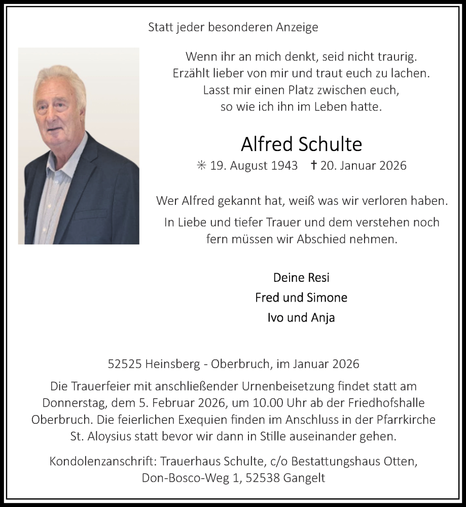  Traueranzeige für Alfred Schulte vom 25.01.2026 aus Zeitung am Sonntag