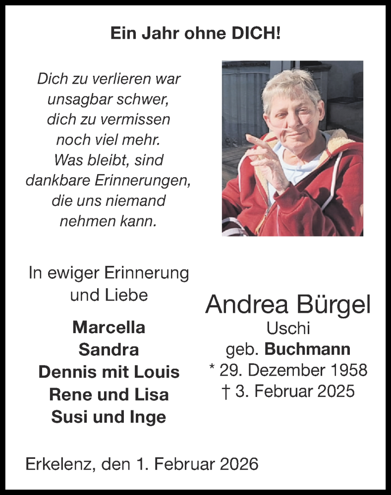  Traueranzeige für Andrea Bürgel vom 01.02.2026 aus Zeitung am Sonntag