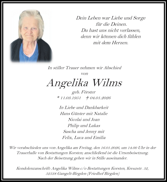 Traueranzeige von Angelika Wilms von Zeitung am Sonntag