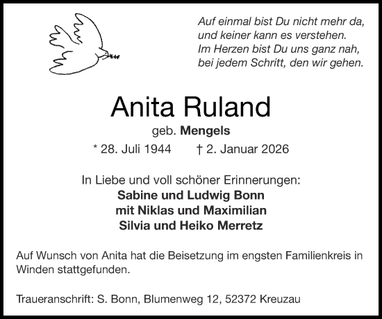 Traueranzeige von Anita Ruland von Zeitung am Sonntag