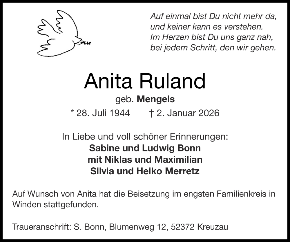  Traueranzeige für Anita Ruland vom 01.02.2026 aus Zeitung am Sonntag