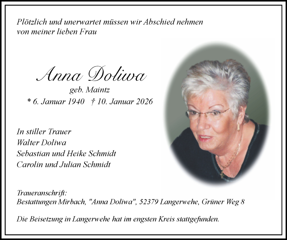  Traueranzeige für Anna Doliwa vom 18.01.2026 aus Zeitung am Sonntag