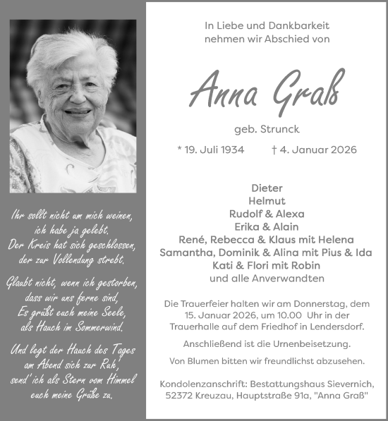 Traueranzeige von Anna Graß von Zeitung am Sonntag