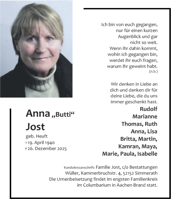 Traueranzeige von Anna Jost von Aachener Zeitung