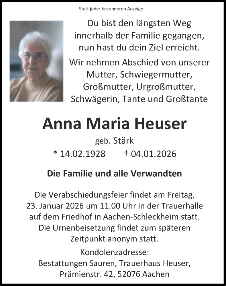  Traueranzeige für Anna Maria Heuser vom 18.01.2026 aus Zeitung am Sonntag