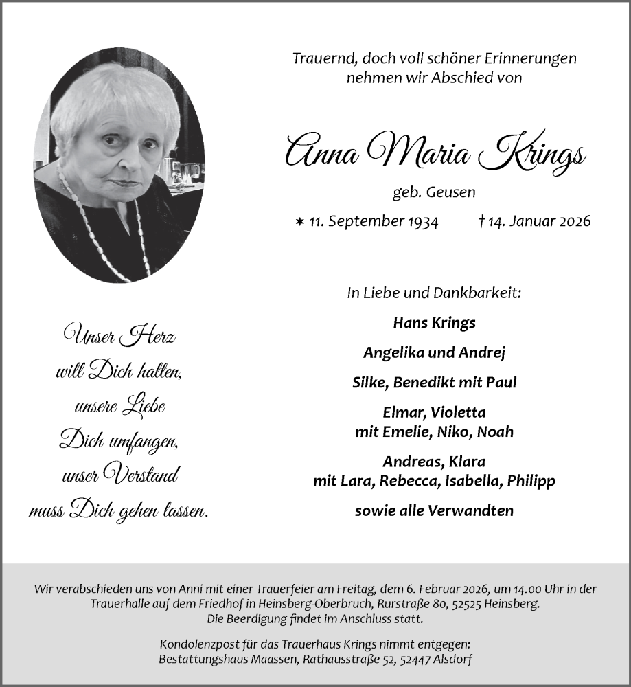  Traueranzeige für Anna Maria Krings vom 01.02.2026 aus Zeitung am Sonntag