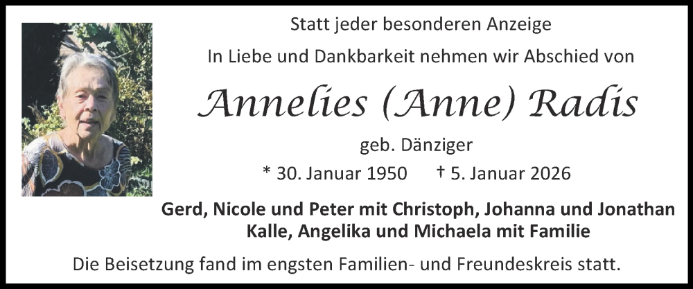  Traueranzeige für Annelies Radis vom 25.01.2026 aus Zeitung am Sonntag