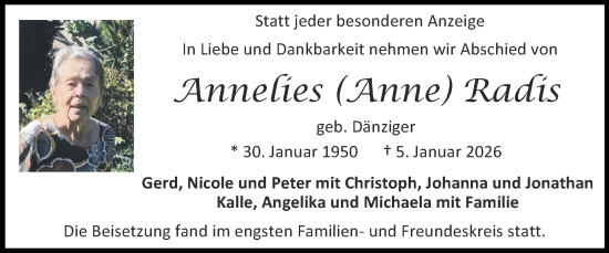Traueranzeige von Annelies Radis von Zeitung am Sonntag