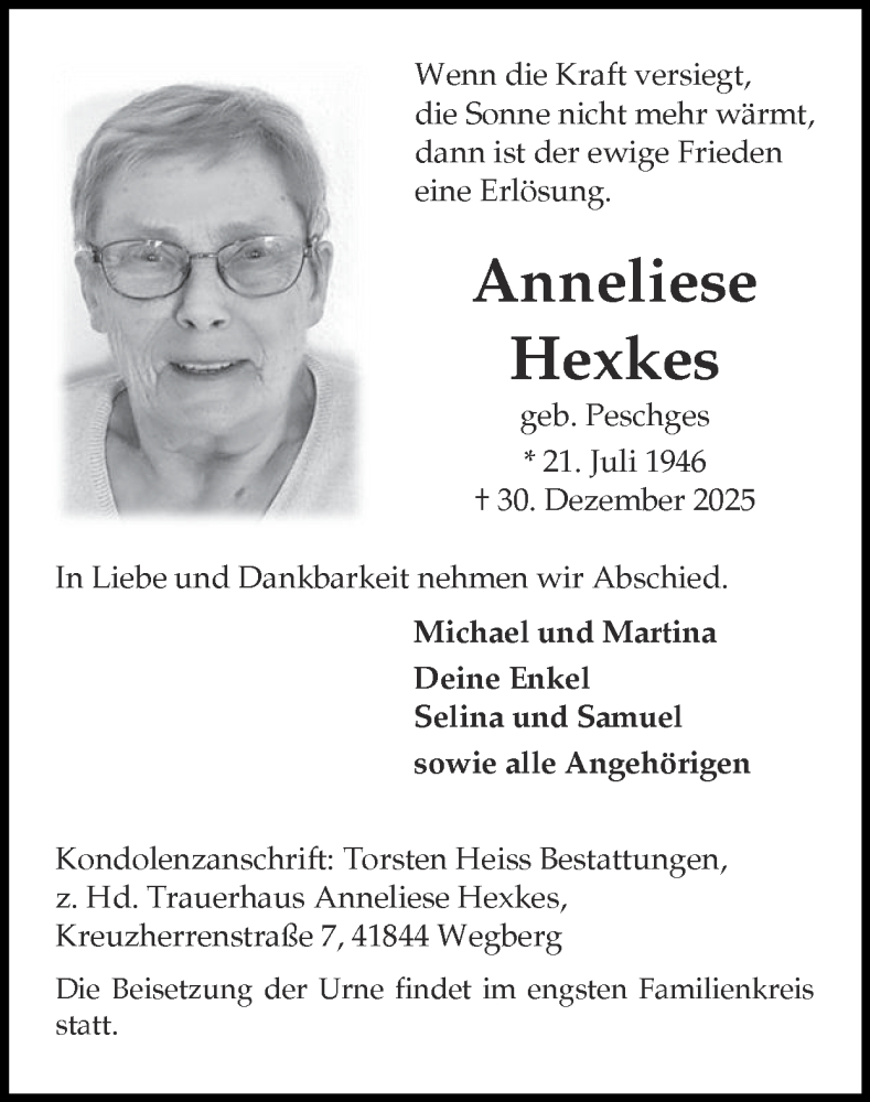  Traueranzeige für Anneliese Hexkes vom 11.01.2026 aus Zeitung am Sonntag