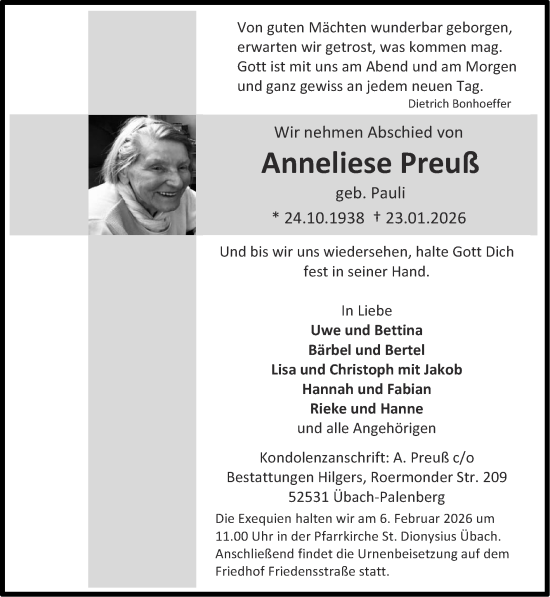 Traueranzeige von Anneliese Preuß von Zeitung am Sonntag