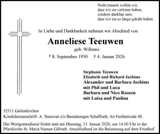 Traueranzeige von Anneliese Teeuwen von Zeitung am Sonntag