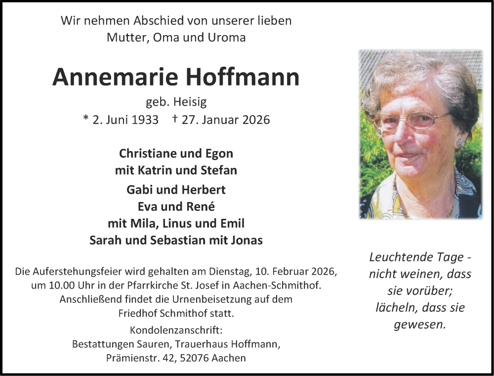 Traueranzeige für Annemarie Hoffmann vom 31.01.2026 aus Aachener Zeitung