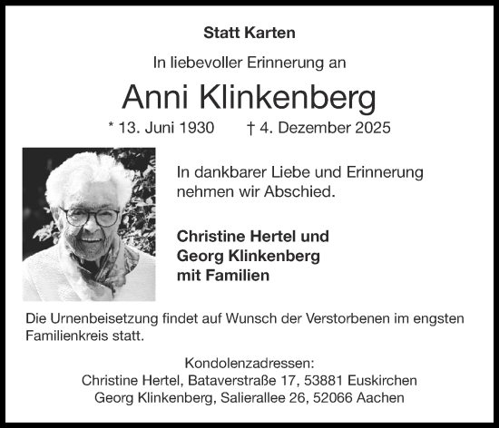 Traueranzeige von Anni Klinkenberg von Aachener Zeitung